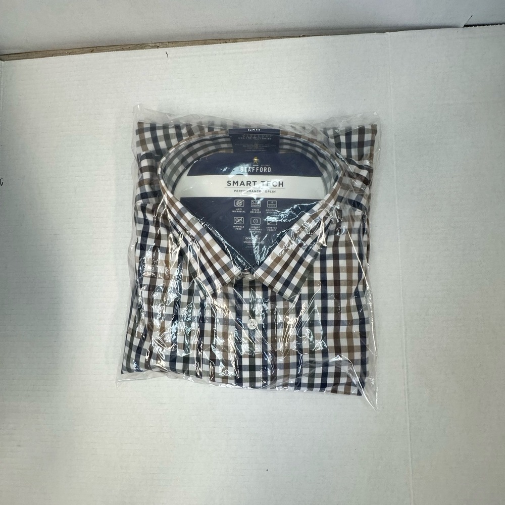 Stafford Smarttech XXL Mens Slim Fit Long‎ Sleeve - Blue Green Tan Plaid  NEW